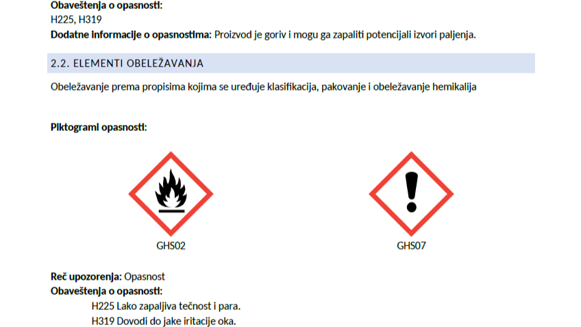 Primer bezbednosnog lista: poglavlje 2.2 Elementi obeležavanja sa piktogramima GHS02 i GHS07